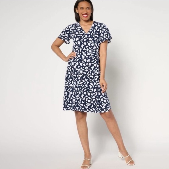 Susan Graver Liquid Knit Faux Wrap Dress Navy Blue Geometric Print Plus Size 3X - Picture 1 of 12